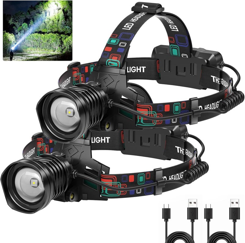 azamine Rechargeable Headlamp Super Bright 99000 Lumens, 2Pack LED Head Lamp with 3 Modes, 90° Adjustable Head Lights for Forehead, IPX6 Waterproof HeadLamps for Adults Camping Hunting Hiking - Image 1